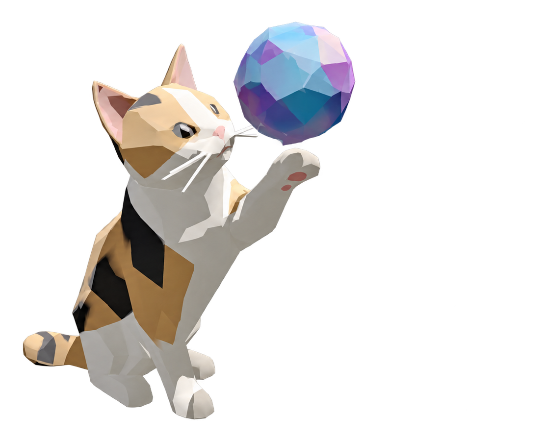 The RasterCat mascot — a low-poly cat batting a faceted orb